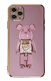 Eiroo iPhone 11 Pro Max Candy Bear Standlı Mor Silikon Kılıf