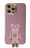 Eiroo iPhone 12 Pro Baby Bear Standlı Mor Silikon Kılıf