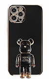 Eiroo iPhone 12 Pro Baby Bear Standlı Siyah Silikon Kılıf