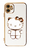 Eiroo iPhone 12 Mini Aynalı Kitty Standlı Beyaz Silikon Kılıf