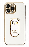 Eiroo iPhone 12 Pro Baby Panda Standlı Beyaz Silikon Kılıf