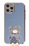 Eiroo iPhone 12 Pro Max Lüks Ayı Standlı Mavi Silikon Kılıf