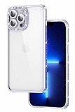 Eiroo iPhone 12 Pro Max Kamera Korumalı Taşlı Lila Silikon Kılıf