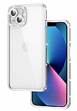 Eiroo iPhone 13 Kamera Korumalı Taşlı Silver Silikon Kılıf