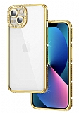 Eiroo iPhone 13 Kamera Korumalı Taşlı Gold Silikon Kılıf