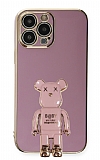 Eiroo iPhone 13 Pro Max Baby Bear Standlı Mor Silikon Kılıf