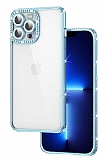 Eiroo iPhone 13 Pro Kamera Korumalı Taşlı Mavi Silikon Kılıf