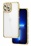 Eiroo iPhone 13 Pro Kamera Korumalı Taşlı Gold Silikon Kılıf