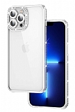Eiroo iPhone 13 Pro Kamera Korumalı Taşlı Silver Silikon Kılıf