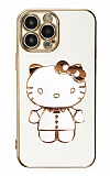 Eiroo iPhone 13 Pro Max Aynalı Kitty Standlı Beyaz Silikon Kılıf