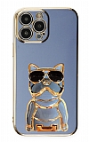 Eiroo iPhone 13 Pro Max Bulldog Standlı Mavi Silikon Kılıf