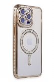 Eiroo iPhone 13 Pro Max Magsafe Özellikli Kamera Korumalı Simli Taşlı Gold Silikon Kılıf