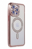 Eiroo iPhone 13 Pro Max Magsafe Özellikli Kamera Korumalı Simli Taşlı Rose Gold Silikon Kılıf