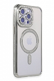 Eiroo iPhone 13 Pro Max Magsafe Özellikli Kamera Korumalı Simli Taşlı Silver Silikon Kılıf