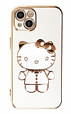 Eiroo iPhone 14 Plus Aynalı Kitty Standlı Beyaz Silikon Kılıf