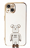 Eiroo iPhone 14 Baby Bear Standlı Beyaz Silikon Kılıf