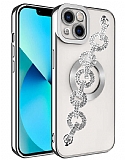 Eiroo iPhone 14 Plus Kamera Korumalı Halka Zincirli Silver Silikon Kılıf