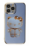 Eiroo iPhone 14 Pro Aynalı Kitty Standlı Mavi Silikon Kılıf