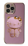 Eiroo iPhone 14 Pro Aynalı Kitty Standlı Mor Silikon Kılıf