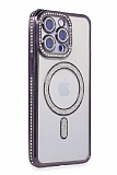 Eiroo iPhone 14 Pro Magsafe Özellikli Kamera Korumalı Simli Taşlı Derin Mor Silikon Kılıf
