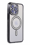 Eiroo iPhone 14 Pro Magsafe Özellikli Kamera Korumalı Simli Taşlı Siyah Silikon Kılıf