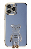 Eiroo iPhone 14 Pro Baby Bear Standlı Mavi Silikon Kılıf