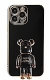 Eiroo iPhone 14 Pro Baby Bear Standlı Siyah Silikon Kılıf