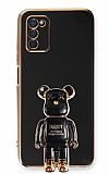 Eiroo Samsung Galaxy A03s Baby Bear Standl Siyah Silikon Klf