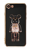 Eiroo iPhone SE 2022 Candy Bear Standl Siyah Silikon Klf