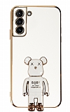 Eiroo Samsung Galaxy S21 Plus Baby Bear Standl Beyaz Silikon Klf