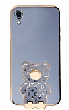 Eiroo iPhone XR Lüks Ayı Standlı Mavi Silikon Kılıf