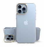 Eiroo Lens Stand iPhone 13 Pro Gold Kamera Şeffaf Silikon Kılıf