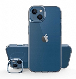 Eiroo Lens Stand iPhone 14 Plus Mavi Kamera Şeffaf Silikon Kılıf