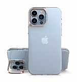 Eiroo Lens Stand iPhone 14 Pro Max Rose Gold Kamera Şeffaf Silikon Kılıf