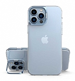 Eiroo Lens Stand iPhone 14 Pro Max Mavi Kamera Şeffaf Silikon Kılıf