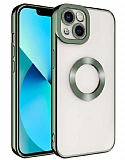 Eiroo Luxury Clear iPhone 14 Kamera Korumal Yeil Silikon Klf