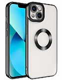 Eiroo Luxury Clear iPhone 14 Kamera Korumal Siyah Silikon Klf