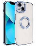 Eiroo Luxury Clear iPhone 14 Kamera Korumal Mavi Silikon Klf