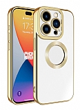 Eiroo Luxury Clear iPhone 15 Pro Kamera Korumalı Gold Silikon Kılıf