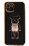 Eiroo Samsung Galaxy A03 Candy Bear Standlı Siyah Silikon Kılıf