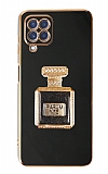 Eiroo Samsung Galaxy A12 Aynal Parfm Standl Siyah Silikon Klf