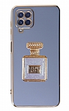 Eiroo Samsung Galaxy A12 Aynal Parfm Standl Mavi Silikon Klf