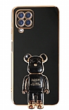 Eiroo Samsung Galaxy A12 Baby Bear Standl Siyah Silikon Klf