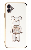 Eiroo Samsung Galaxy A04 Candy Bear Standlı Beyaz Silikon Kılıf