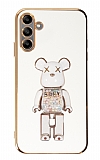 Eiroo Samsung Galaxy A04s Candy Bear Standlı Beyaz Silikon Kılıf