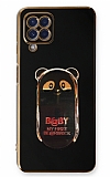 Eiroo Samsung Galaxy A12 Baby Panda Standl Siyah Silikon Klf