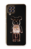 Eiroo Samsung Galaxy A12 / M12 Candy Bear Standlı Siyah Silikon Kılıf
