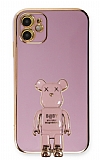 Eiroo iPhone 11 Baby Bear Standlı Mor Silikon Kılıf
