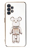Eiroo Samsung Galaxy A52 / A52 5G Candy Bear Standlı Beyaz Silikon Kılıf