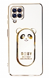 Eiroo Samsung Galaxy M22 Baby Panda Standlı Beyaz Silikon Kılıf